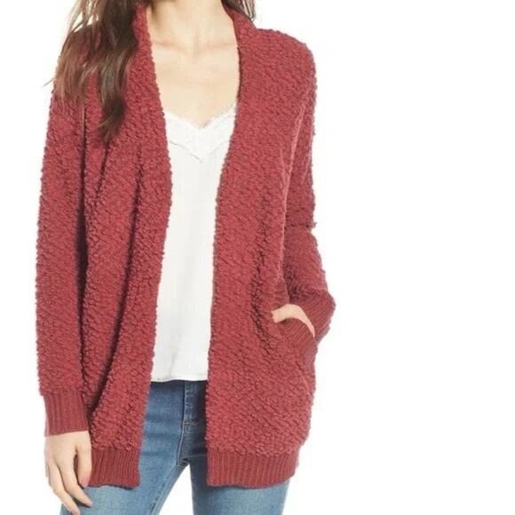 DREAMERS Nubby Popcorn Knit Open Oversized Cardigan Berry Red Size S - Picture 1 of 10